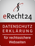 Ein rotes eRecht24-Siegel mit dem Hinweis auf ein Datenschutzerklärung.